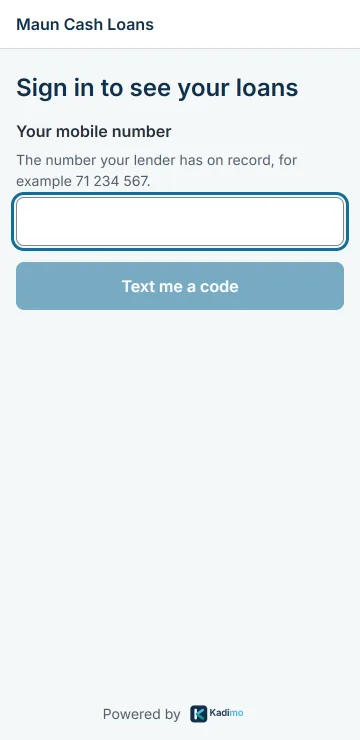 The borrower portal sign-in screen, asking for a phone number